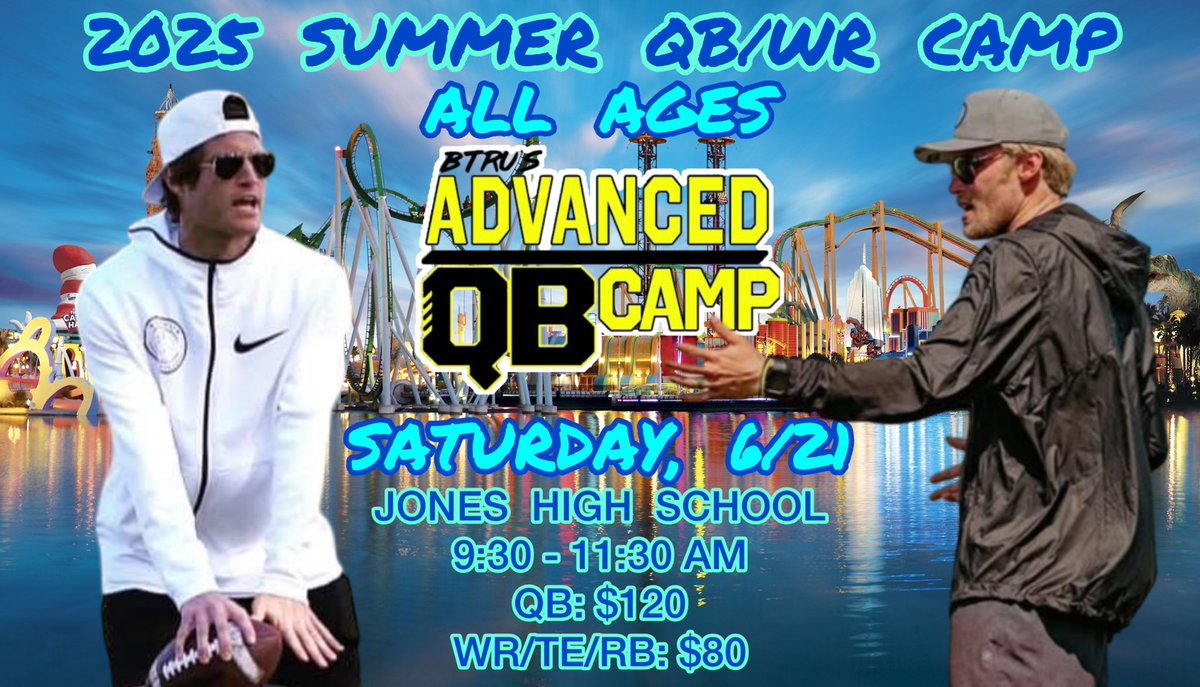 BTru’s Advanced QB Camp (@advancedqbcamp) on Twitter photo 🚨ATTENTION CENTRAL FL🚨
ANNUAL “SUMMER” QB/WR/RB CAMP with <a href="/baylintrujillo/">Baylin Trujillo</a>, <a href="/KOlsen19/">Coach Kevin Olsen</a> & <a href="/jugo_nueve/">Garrett Johnson</a> IS LESS THAN 2 WEEKS, SATURDAY, JUNE 21st, 9:30-11:30am at JONES HIGH SCHOOL ☀️🏝️
EMAIL btruqb@gmail.com to REGISTER (ALL AGES) | #BTruQBTraining 🔘
QBs: $120
WR/TE/RBs: $80 🚨ATTENTION CENTRAL FL🚨
ANNUAL “SUMMER” QB/WR/RB CAMP with <a href="/baylintrujillo/">Baylin Trujillo</a>, <a href="/KOlsen19/">Coach Kevin Olsen</a> & <a href="/jugo_nueve/">Garrett Johnson</a> IS LESS THAN 2 WEEKS, SATURDAY, JUNE 21st, 9:30-11:30am at JONES HIGH SCHOOL ☀️🏝️
EMAIL btruqb@gmail.com to REGISTER (ALL AGES) | #BTruQBTraining 🔘
QBs: $120
WR/TE/RBs: $80