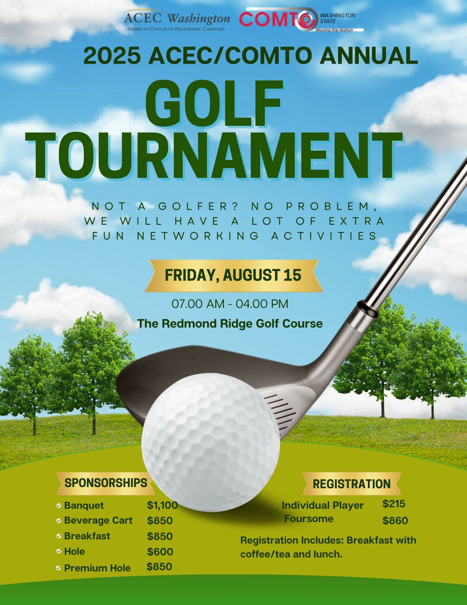 ACECWA's tweet image. ⛳ The ACEC/@comtowashington Golf Tournament is on August 15 and we invite you to join us! Not a golfer, you say? No worries! We have a lot of fun activities for everyone, including a chipping contest! 

More info and register: buff.ly/ww6wsHU 

#golf #COMTO #engineers