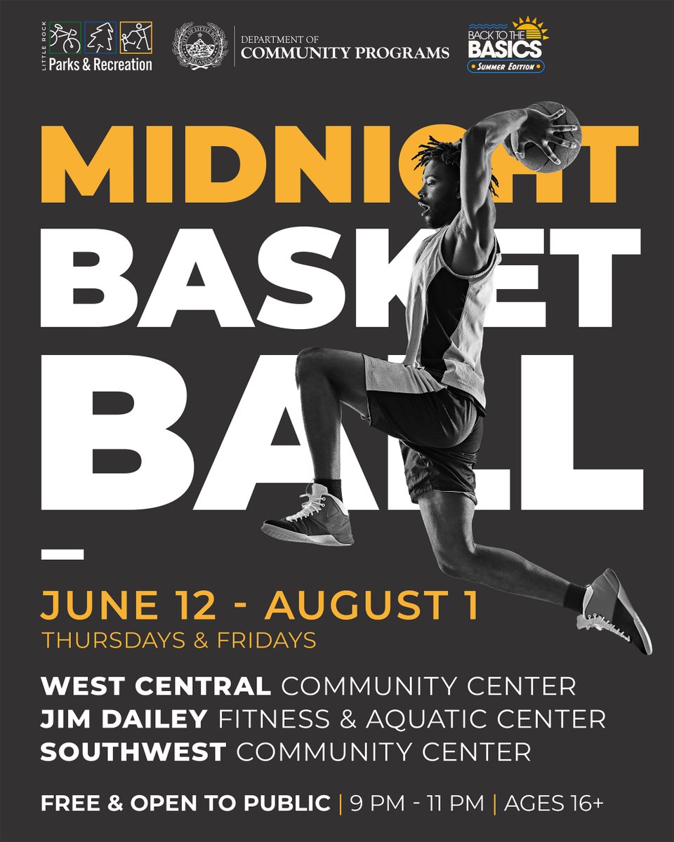 Grab your friends and rivals for Midnight Basketball! From June 12 to August 1, join us on Thursdays and Fridays at 9 PM.

Anyone age 16 and up can play and it's completely #FREE!

#MidnightBasketballLR #Basketball #BacktotheBasicsSummer #SummerinLR #Transform #Unite #Grow