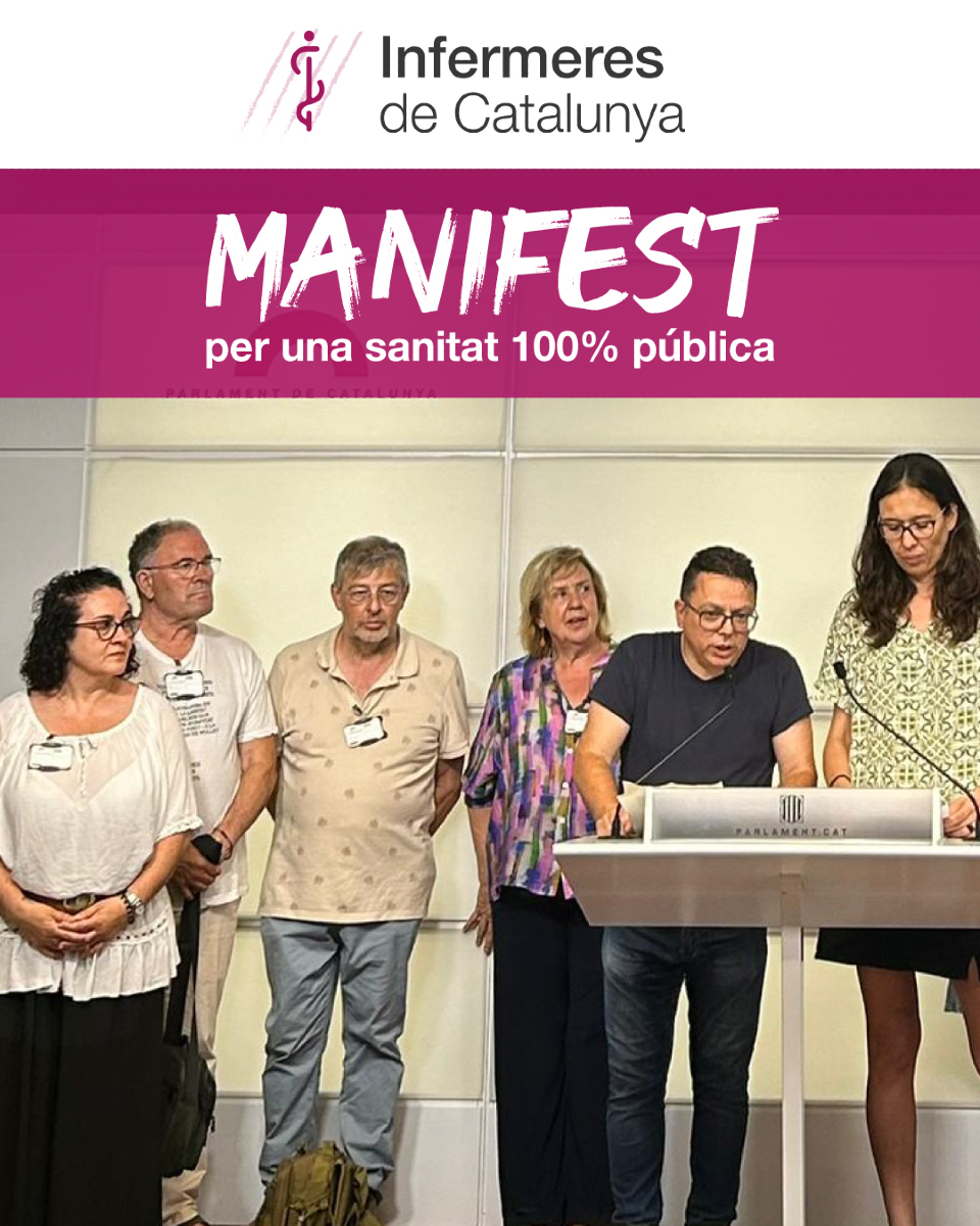 🟥 Avui, 12 de juny, es presenta al Parlament el manifest per una sanitat 100% pública.

📢 Una iniciativa de les entitats i la societat civil per dir prou al mercantilisme sanitari.

🧼 Infermeres de Catalunya ens hi adherim plenament.

❌ El model públic-privat precaritza,