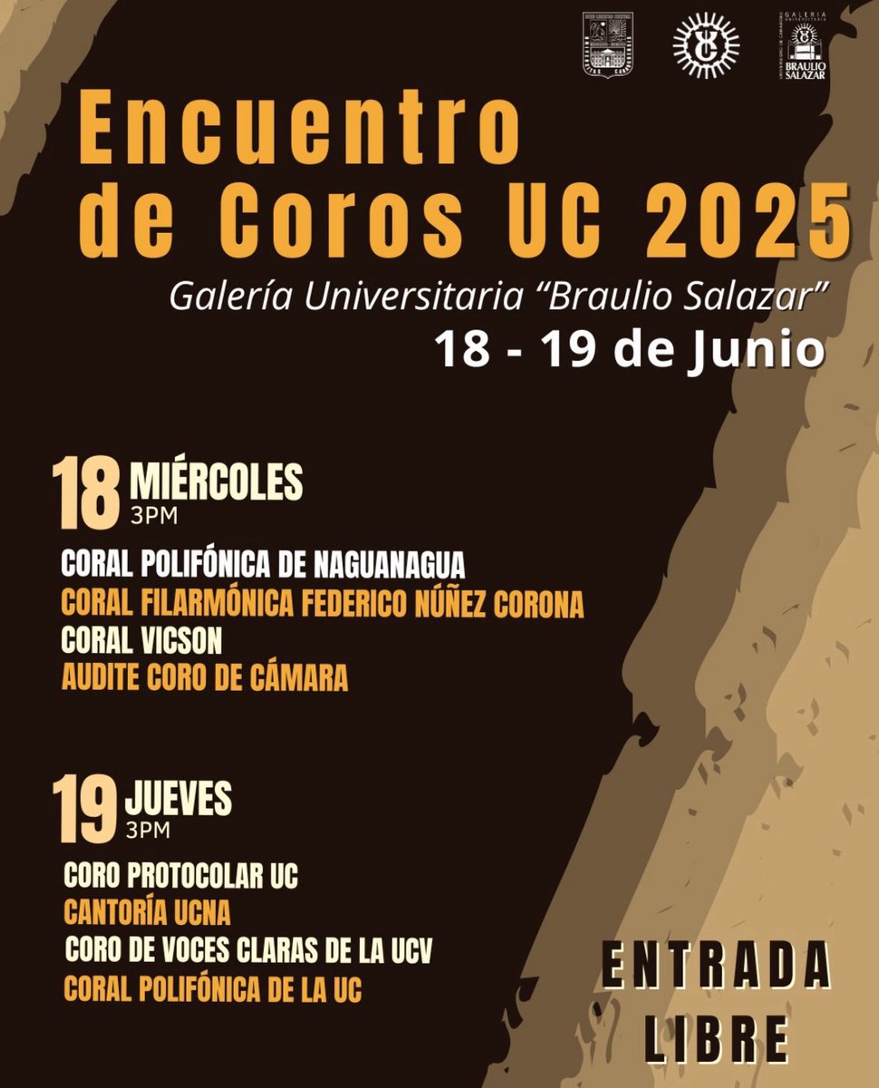 Disfruta este miércoles #18Jun y jueves #19Jun del Encuentro de Coros UC 2025.

El evento se desarrollará en los espacios de la <a href="/GaleriaBS/">Gal. Braulio Salazar</a> de Valencia a partir de las 3:00 de la tarde.

🎫 ENTRADA LIBRE

¡Te esperamos! 🎶
