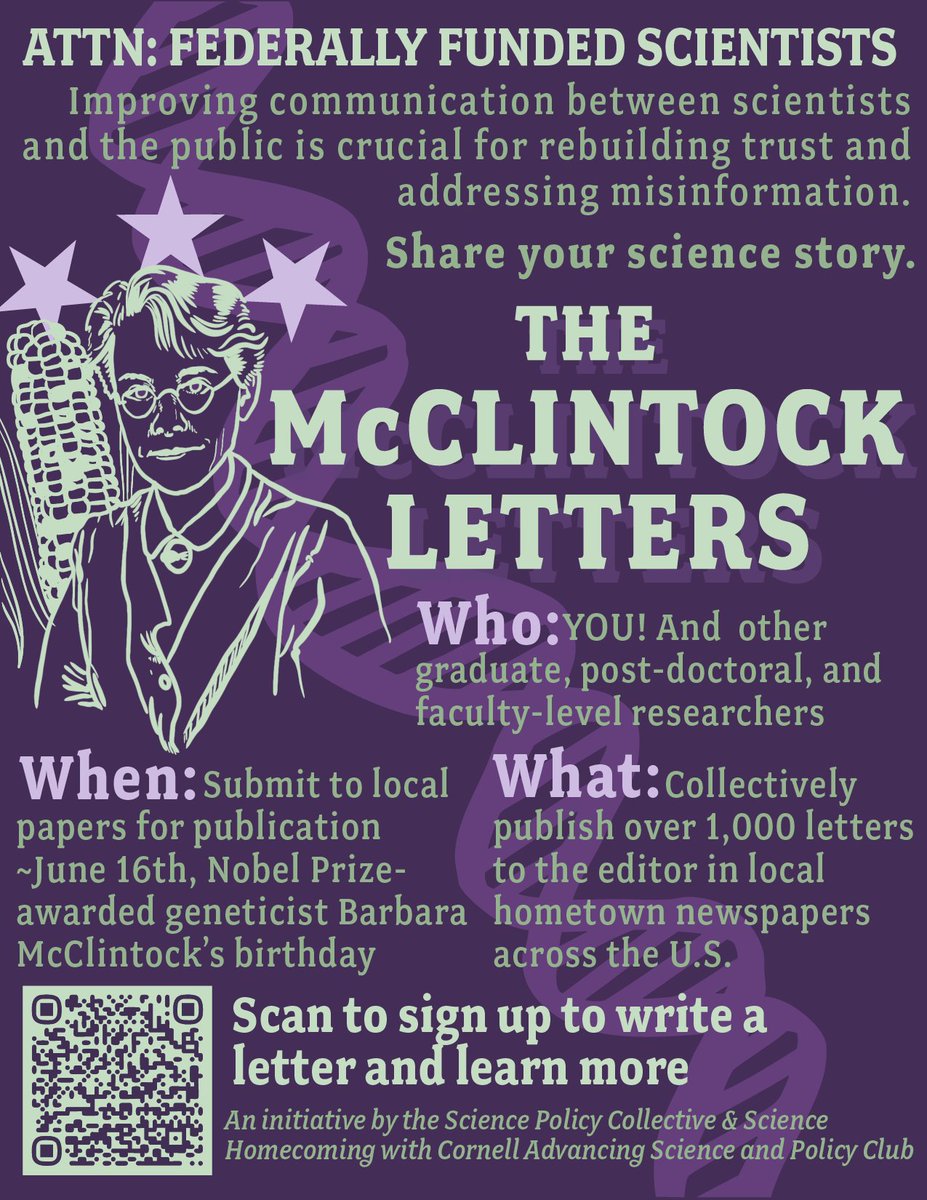 La Iniciativa Cartas McClintock busca a científicos que escriban artículos de opinión en periódicos locales durante la semana del 16 de junio sobre:
✨ Su investigación
✨ Por qué importa  
✨ Por invertir en la ciencia es esencial

Más info: blogs.cornell.edu/asap/events-in…