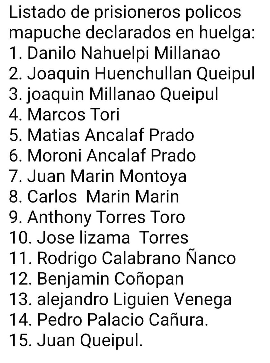 🔴Huelga de hambre liquida de caracter indefinido inician ppm carcel de angol.Debido a la negatividad de gendarmeria a poder desarrollarse como mapuche en el centro penitenciario.
Fuente: Prisioneros mapuche politicos  mapuches carcel de Angol