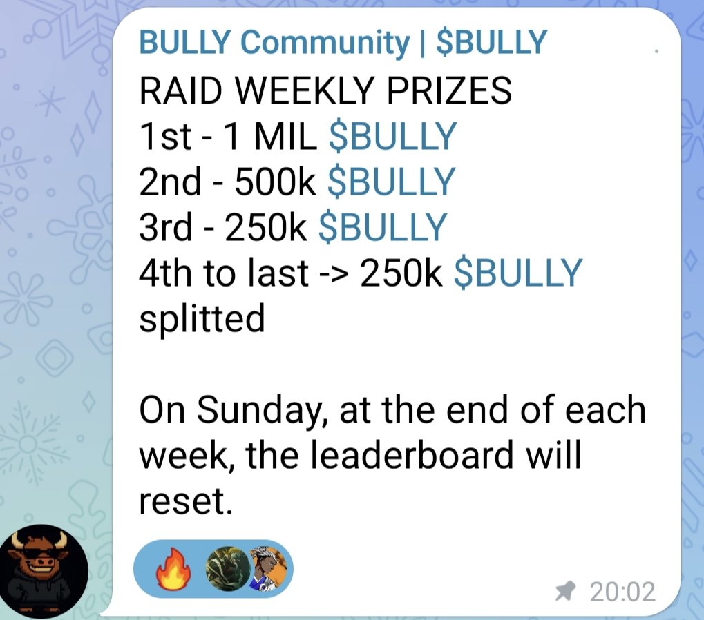 Raiding rewards for <a href="/bullymvx/">BULLY</a> have been annonced on TG ! 

$BULLY sh! 

t.me/bullymvx

Join TG connect X to the bot 🤖 raid! Enjoy ! 

<a href="/PulsarMvX/">Pulsar MVX</a> send 2500 MEX to 25