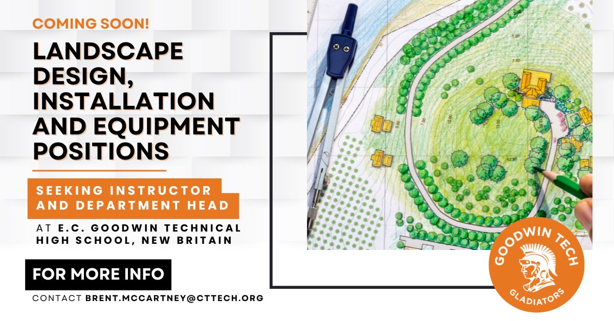 CTTechHS's tweet image. Coming soon! 📢

E.C. Goodwin Tech will be seeking a #Landscape Design, Installation &amp;amp; Equipment Instructor and DH.

✅ Competitive salaries
✅ Extensive benefits
✅ Must have 8 years of relevant experience

➡️ For more info, contact Brent McCartney at Brent.McCartney@cttech.org