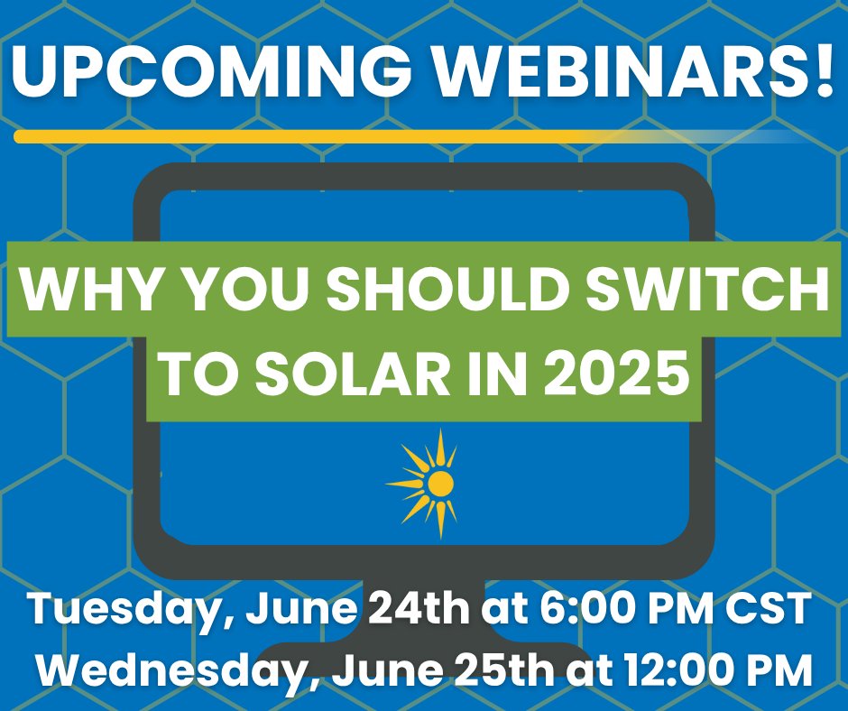 Solar incentives are not always guaranteed. Join our upcoming #webinars to learn why you should go solar now. Register using the links below!👇
Tuesday, June 24th at 6:00 PM CST
Register:hubs.la/Q03rMRr80
Wednesday, June 25th at 12:00 PM CST
Register:hubs.la/Q03rMR9b0