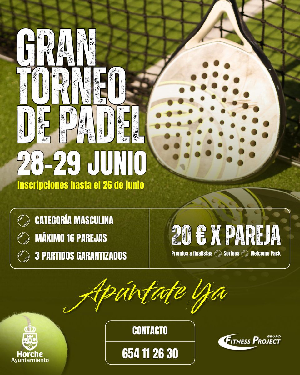 🟩 | DEPORTE |

🥎 GRAN TORNEO DE PÁDEL EN HORCHE

📅 28 y 29 de junio.

➡ Categoría masculina.
➡ Máximo 16 parejas.
➡ 3 partidos garantizados.

🪙 Precio: 20 euros por pareja.

✍️ Inscripciones hasta el 26 de junio llamando al 654 11 26 30.

🫵 ¡Apúntate ya!