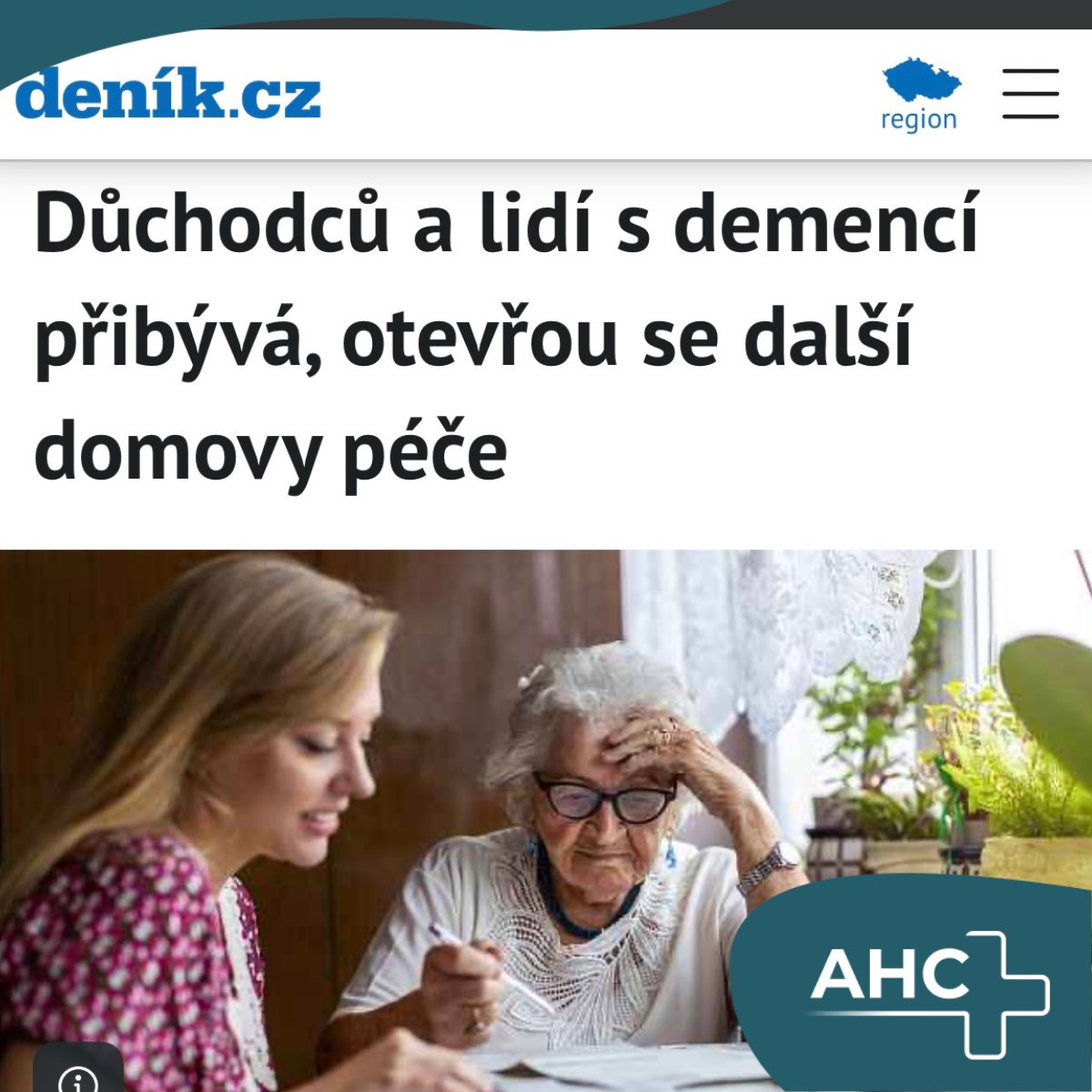 V ČR je 150 000 lidí s nějakým typem demence, v roce 2050 to bude dvojnásobek. Seniorů potřebujících sociální a zdravotní služby bude přibývat. AHC má:
➡️ domovy se zvláštním režimem
➡️ domovy pro seniory s péčí 24/7
➡️ stále vyhledávanější  domácí péči sestricka.cz