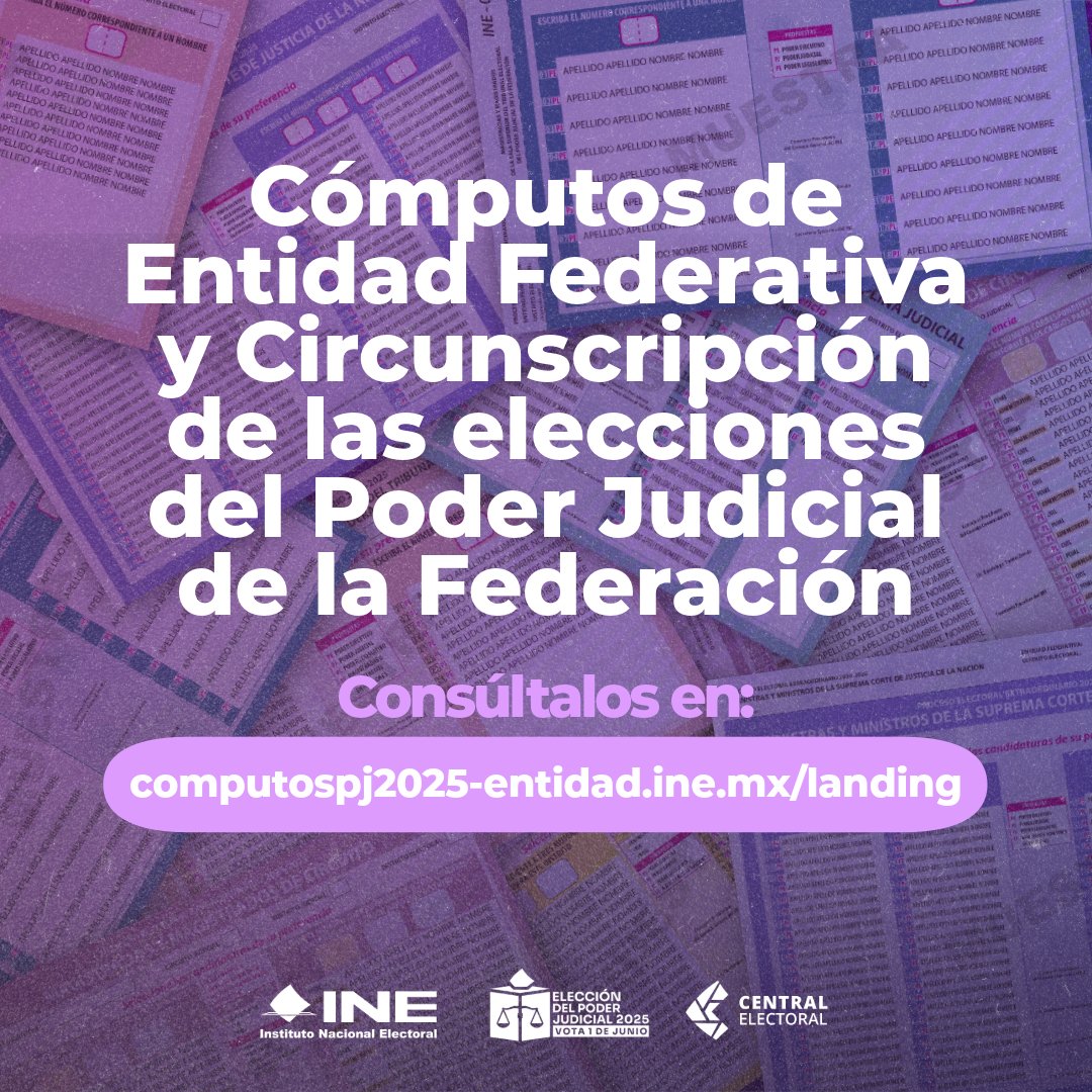 📊Hoy iniciaron los cómputos de Entidad Federativa y de Circunscripción Plurinominal de la #ElecciónJudicial 

Sigue su avance aquí➡️ computospj2025-entidad.ine.mx/landing