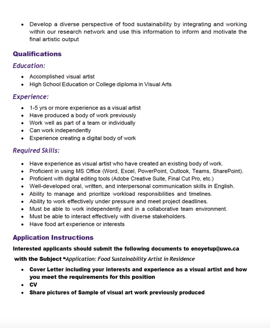 We're hiring! 📢

Food Sustainability Artist in Residence at Western’s Nootropics Food Lab. Work with top researchers, create digital art on food sustainability, and receive a $30,000 stipend for a 6-month residency. #Sustainability