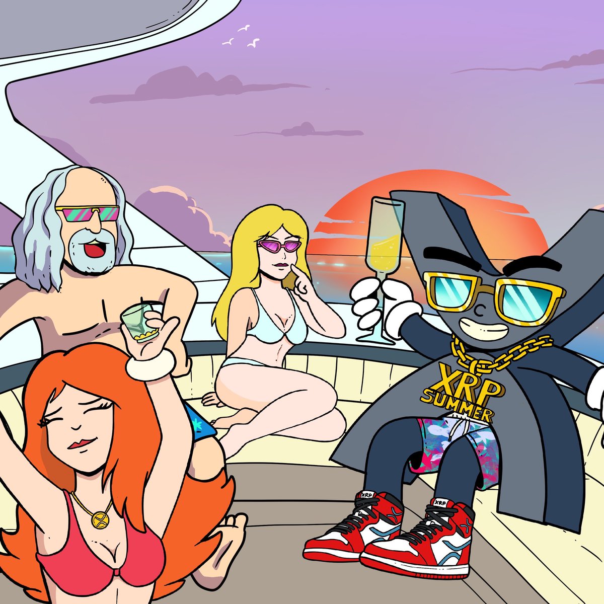 The #XRPSummer finale shines! David toasts to XRP riches on a yacht at sunset, with the "X" genie and friends. A dream life, finally lived!  #XRPSUMMER $XRPS