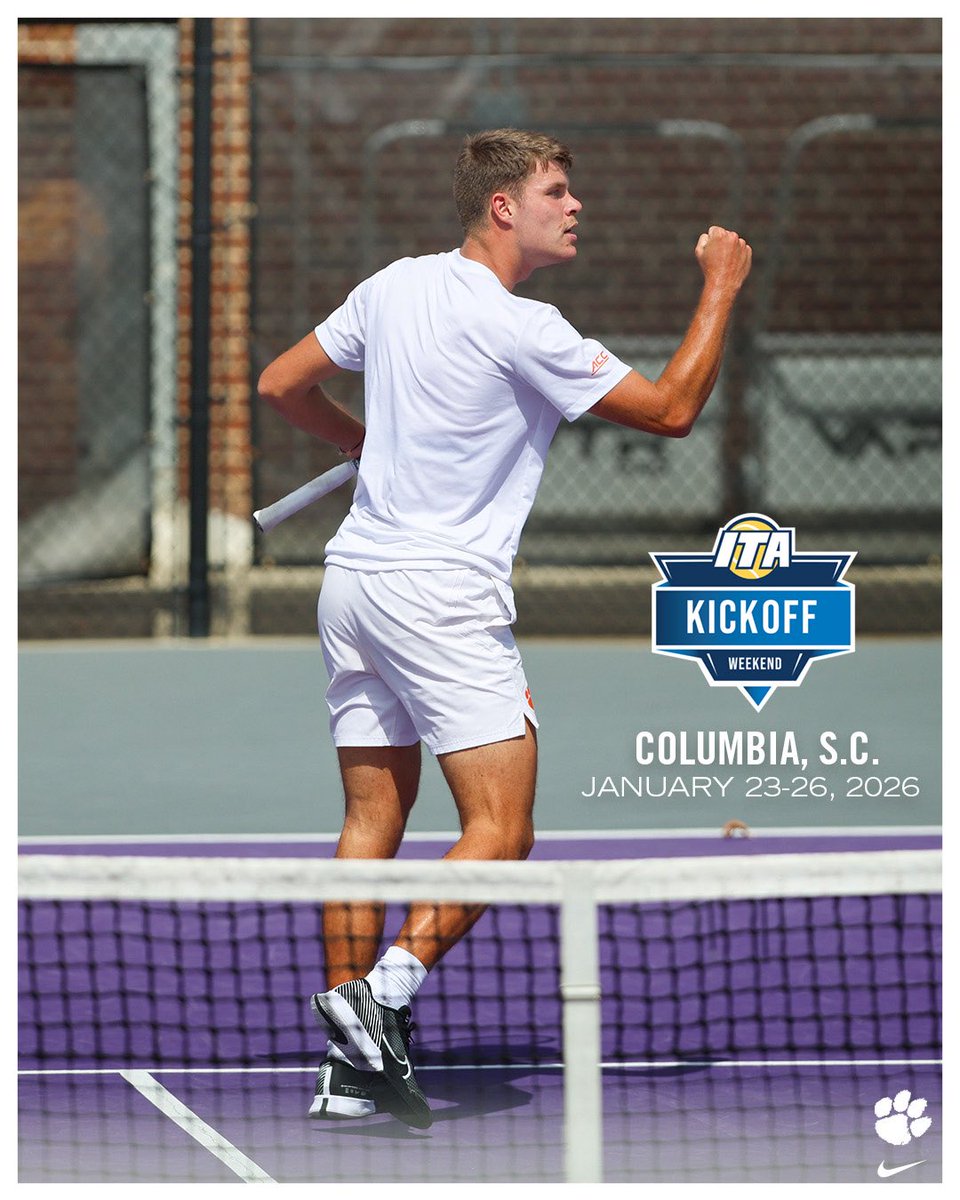 ClemsonMTennis's tweet image. Tigers are headed to Columbia 🐅
Clemson is set to compete in the Columbia Regional for @ITA_Tennis Kickoff Weekend! 👏