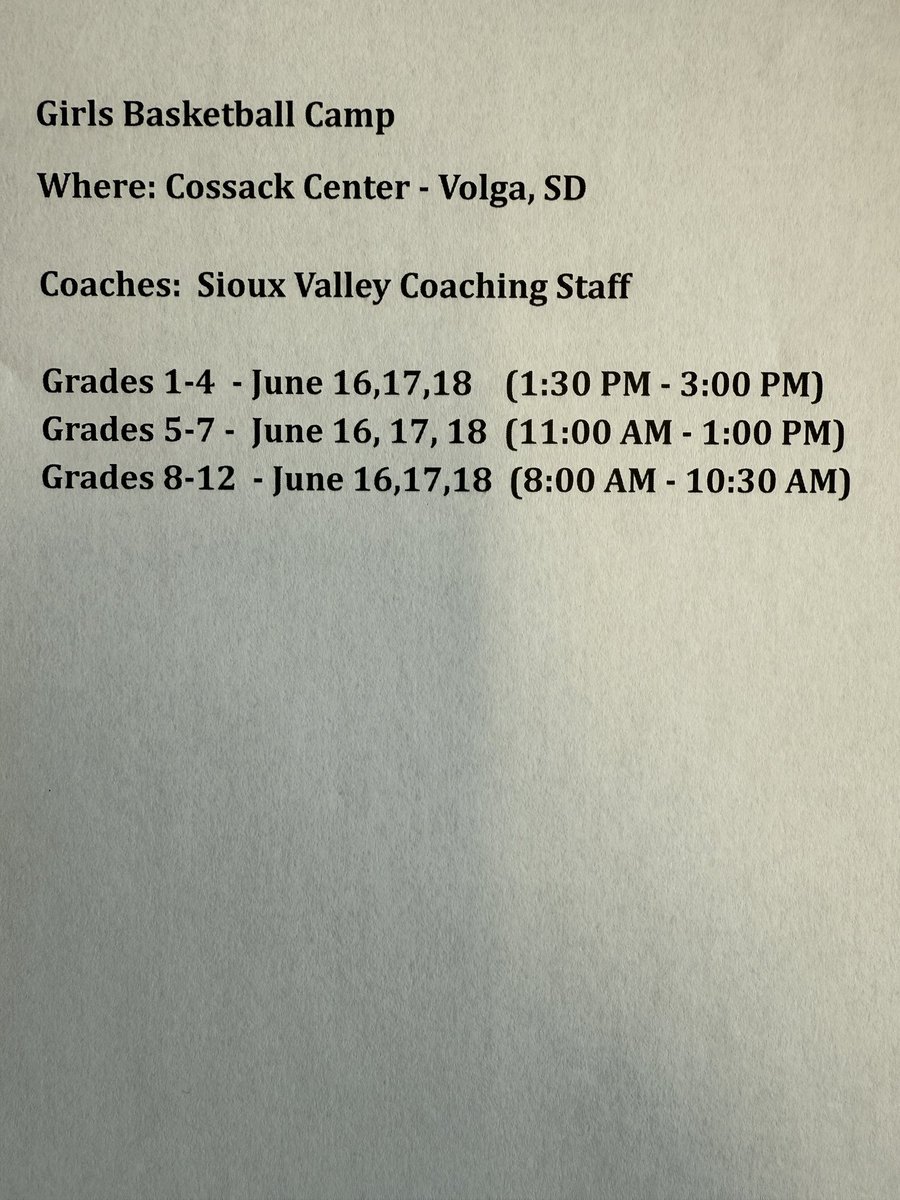Girls Basketball Camp open for all eligible players starting June 16-17-18.  At the Cossack Center.  Sign up ASAP!