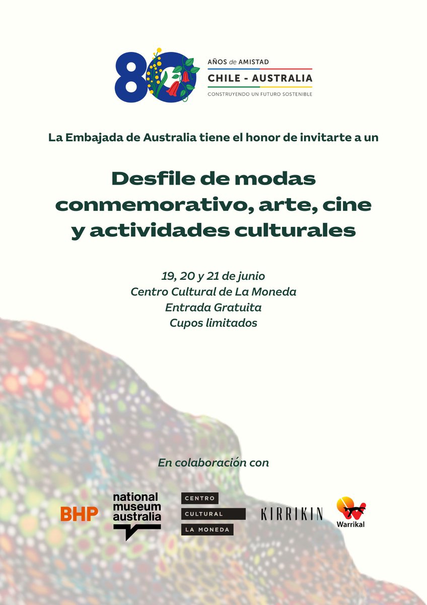 ✨La Embajada de Australia te invita a una celebración de arte, identidad y amistad para conmemorar los 80 años de amistad entre Chile🇨🇱 y Australia🇦🇺
🗓️19-21 de Junio
📍 Lugar: Centro Cultural La Moneda
🎟️ Entrada Gratuita
🔗 Inscripciones en el link: Australia.rsvpify.com