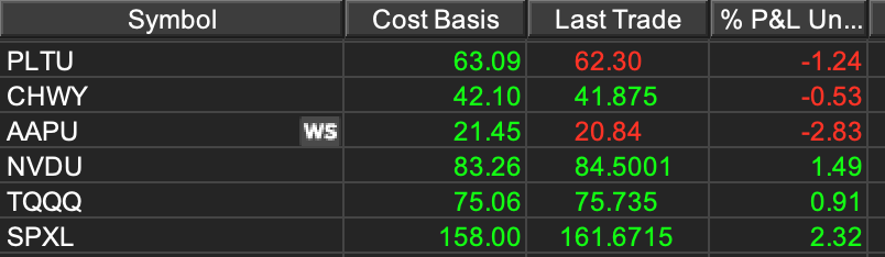 GivingTrading's tweet image. Our power has been on and off (on a beautiful sunny day) I will close out my positions soon to protect capital soon unless power returns. #PLTU #CHWY #AAPU #NVDU #TQQQ #SPXL