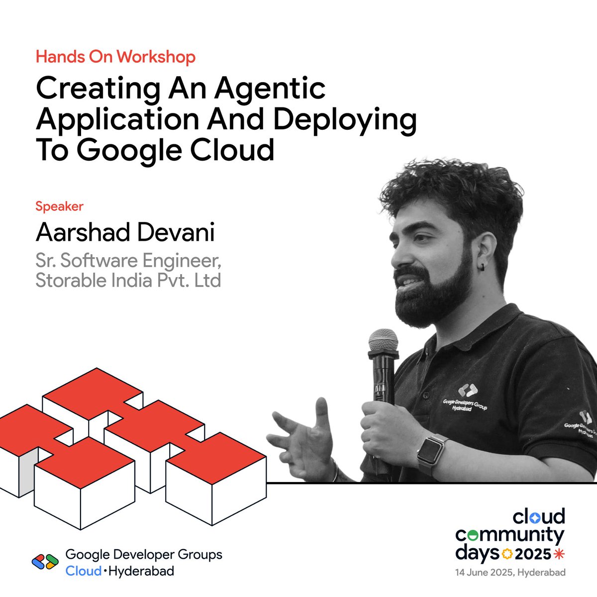 📢 Exclusive hands-on workshop at #GCCDHyderabad ✨

Creating an Agentic App &amp; Deploying to Google Cloud ☁️

Led by Aarshad Devani, Sr. Software Engineer at Storable &amp; GDG Hyd Lead Organizer.

Hands-on, cloud-native, &amp; full of insights!

#GoogleCloud #AI #AgenticAI