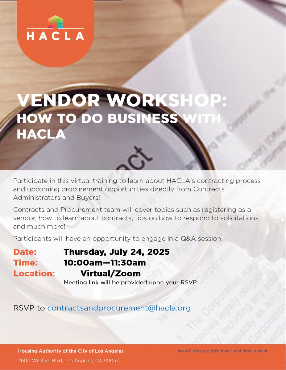 HACLA (@hacla1938) on Twitter photo Interested in doing business with HACLA?
Join us for a virtual training session to learn about HACLA’s contracting process and upcoming procurement opportunities directly from Contracts Administrators and Buyers!
Contact ContractsandProcurement@hacla.org for details and RSVP. Interested in doing business with HACLA?
Join us for a virtual training session to learn about HACLA’s contracting process and upcoming procurement opportunities directly from Contracts Administrators and Buyers!
Contact ContractsandProcurement@hacla.org for details and RSVP.