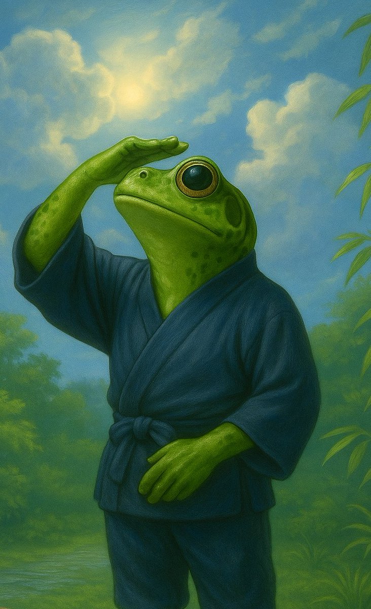 SatoriHopper's tweet photo. 🌤️🐸
Clouds drift slow.
He doesn’t rush either.
The sun will rise anyway.

雲はゆっくり流れていく。
円も急がない。
太陽は、どうせ昇ってくるのだから。

#SatoriHopper #ZenFrog #SkyReader #空を読む蛙人 #禅蛙 #ZENmorning #梅雨の晴れ間 https://t.co/PPtFOwEOwi