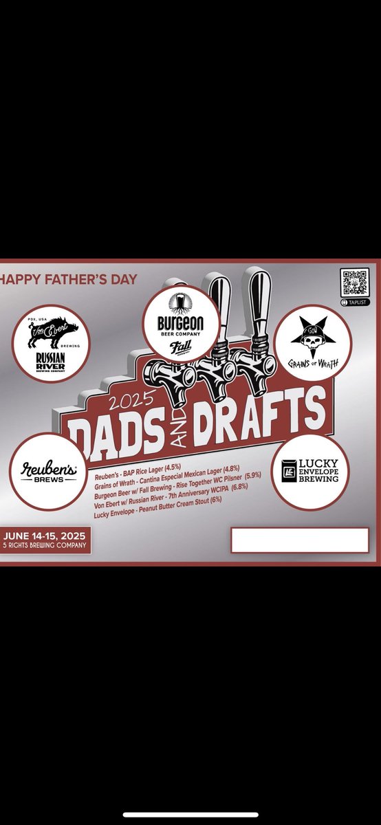I’m pouring Saturday night and Sunday afternoon.  Come celebrate Father’s Day w me <a href="/5RightsBrewing/">5 Rights Brewing Co.</a>