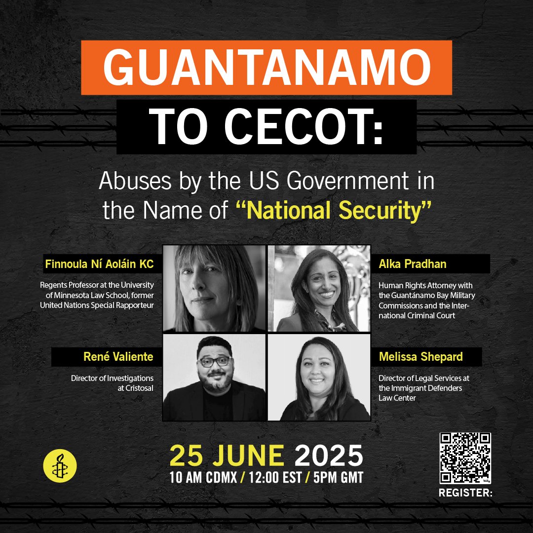 ✍🏽 Webinar: Guantanamo To CECOT: Abuses by the US Government in the Name of “National Security”

To commemorate the International Day in Support of Victims of Torture, join a webinar hosted by Amnesty International. 

🗣️ This event will be available in both English and Spanish.