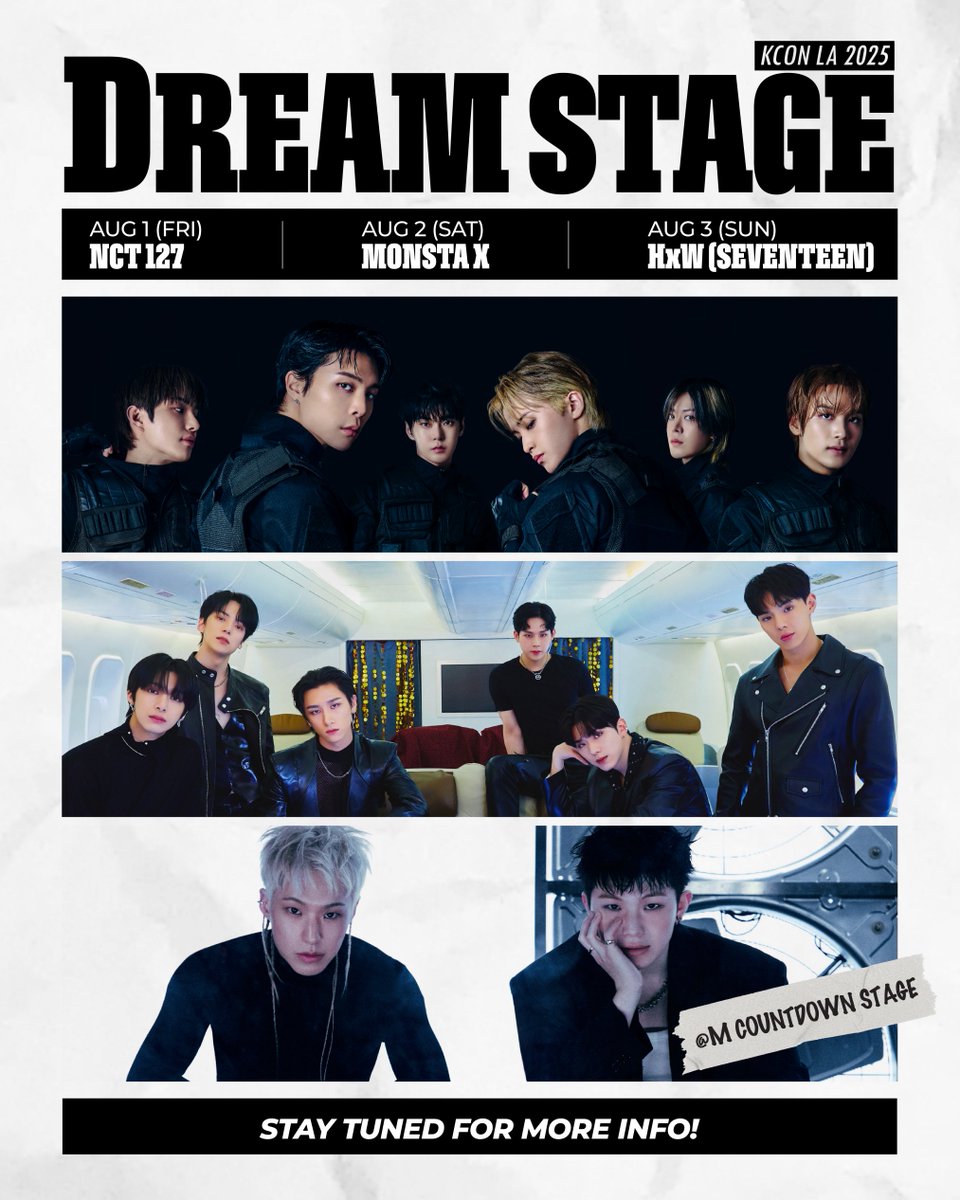 [#KCONLA2025] Who’s ready to hit the stage with the hottest K-POP stars? 🌟 
This is your once-in-a-lifetime shot to light up the stage and live your DREAM performance!

💙 AUG 1
𝐍𝐂𝐓 𝟏𝟐𝟕 
#NCT127

💙 AUG 2
𝐌𝐎𝐍𝐒𝐓𝐀 𝐗 
#MONSTAX #MONSTA_X

💙 AUG 3
𝐇𝐱𝐖