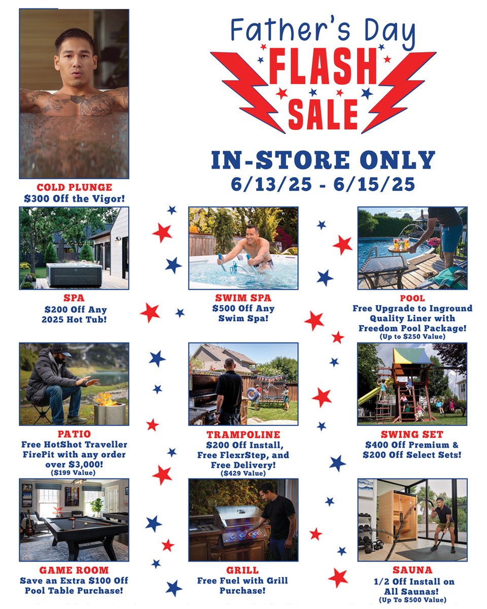 AmericanSale's tweet image. For Dad, from Dad, or just because! Our Father’s Day Flash Sale starts tomorrow! 👔 This weekend only, get major savings on the things he’ll actually want. See you in store! ⁠
.⁠
.⁠
#AmericanSale #BringTheFunHome #Patio #Pools #GameRoom #Hottubs #Spas #FlashSale #FathersDay