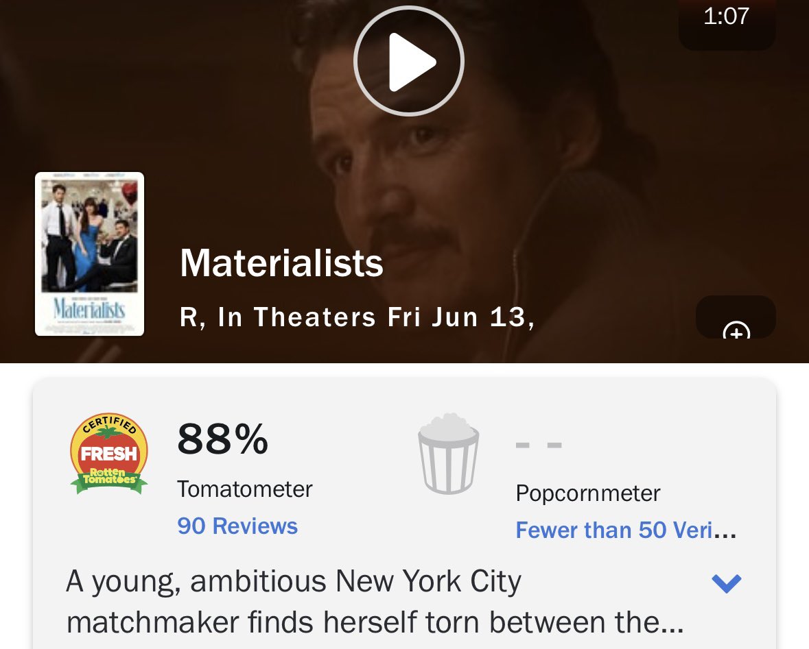 Davey Jon (@daveyjonporter) on Twitter photo #Materialists debuts with an 88% criticâs score.
May be a hit! Opens tomorrow
#AMC
<a href="/AMCTheatres/">AMC Theatres</a> #Materialists debuts with an 88% criticâs score.
May be a hit! Opens tomorrow
#AMC
<a href="/AMCTheatres/">AMC Theatres</a>