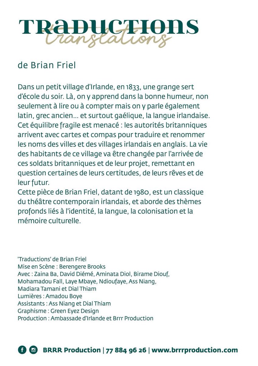 This #Bloomsday we are super excited to present the Irish play  ‘Translations’ by Brian Friel in Senegal 🇸🇳

A modern classic of Irish theatre that addresses themes of colonialisation, language and cultural memory 🇮🇪 

Stay tuned for details 👀 #CultureIreland #NioFar
