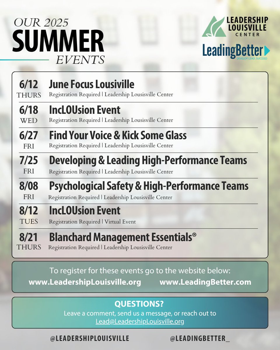 ☀️ Summer’s heating up at Leadership Louisville Center + LeadingBetter™! Explore events, trainings, and experiences that grow your impact, spark connection, and fuel your leadership journey.

bit.ly/3SQOg3U
