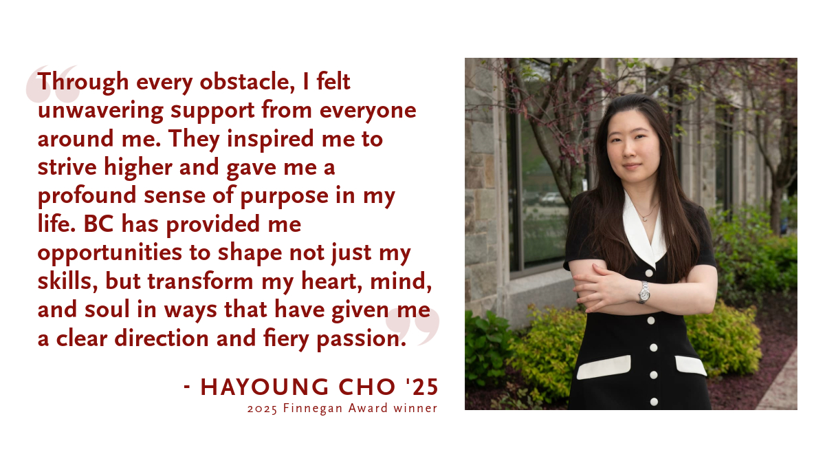 BostonCollege's tweet image. Hayoung Cho '25 received BC's highest undergraduate Commencement honor, exemplifying the motto “Ever to Excel.”