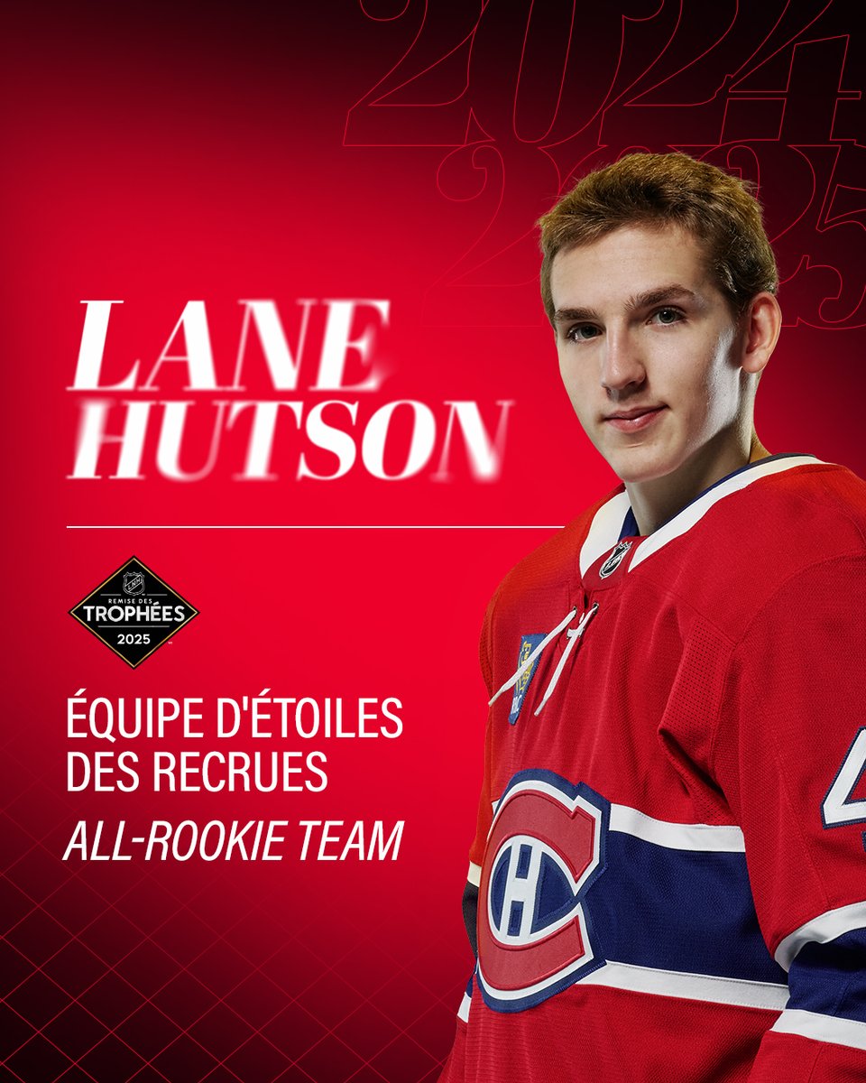 Un honneur de plus 👏 Lane Hutson a été nommé au sein de l’Équipe d’étoiles des recrues de la LNH!

Another one 👏 Lane Hutson has been named to the <a href="/NHL/">NHL</a> All-Rookie Team!

#GoHabsGo