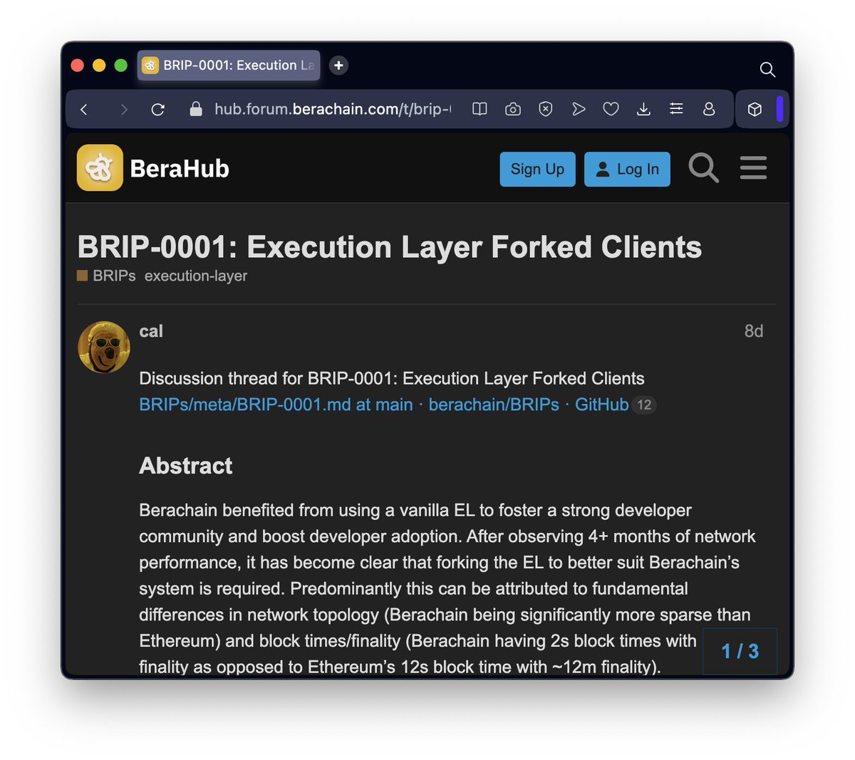 📜 BRIP-0001: Execution Layer Forked Clients

<a href="/berachain/">Berachain Foundation 🐻⛓</a>'s first Berachain Improvement Proposals - by <a href="/CalBera_/">Cal</a>

Execution client forking, EIP-1559 fee adjustment, and potential enshrinement.

🧵 This is a big direction, and endless possibilities if accepted... 👇