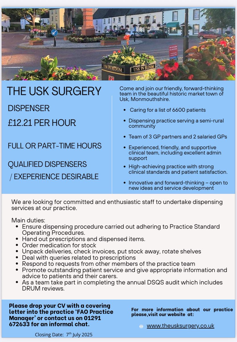 We are looking for dispenser roles. Please pass onto anyone you know who might be interested. We are a lively, friendly practice