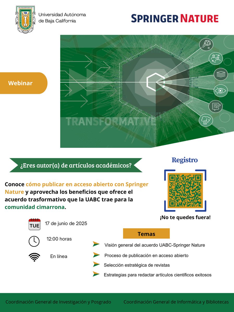 HISTORICAS_UABC's tweet image. Compartimos la invitación para participar en el Webinar sobre "Cómo publicar en acceso abierto con Springer Nature".