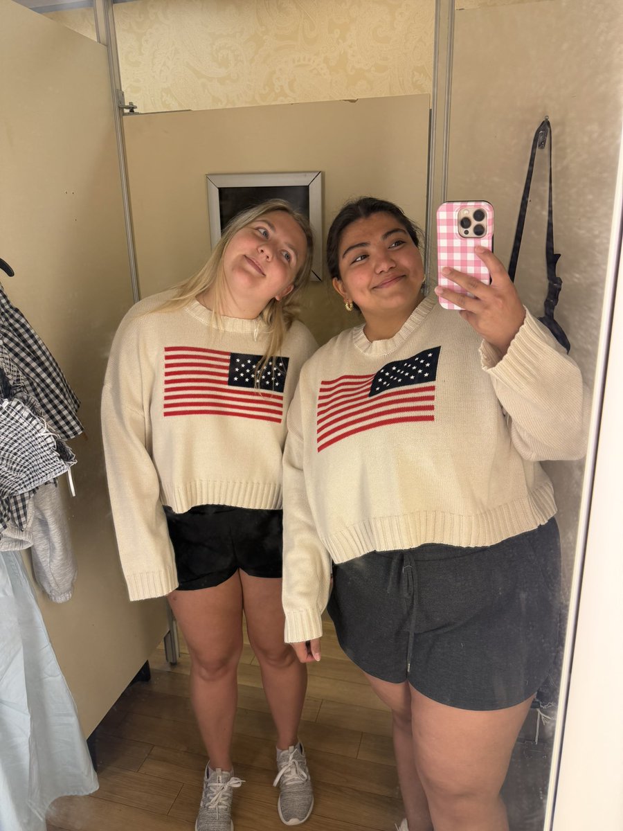 Went shopping for Father’s Day gifts and ended up with matching 4th of July sweaters with <a href="/mrscroteauteach/">Courtney Croteau</a>  ❤️🤍💙
#exleytweets #exleysummer25 <a href="/exleyexpress/">Exley</a>