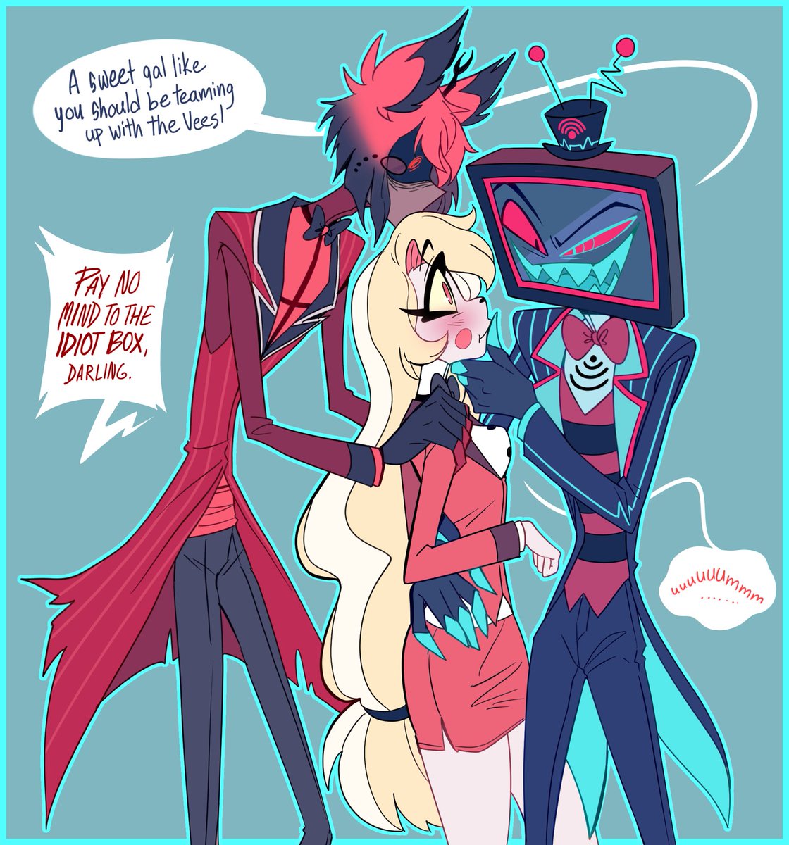 commission for vox flirting with charlie and alastor jealous about it 📺🌈🦌❤️