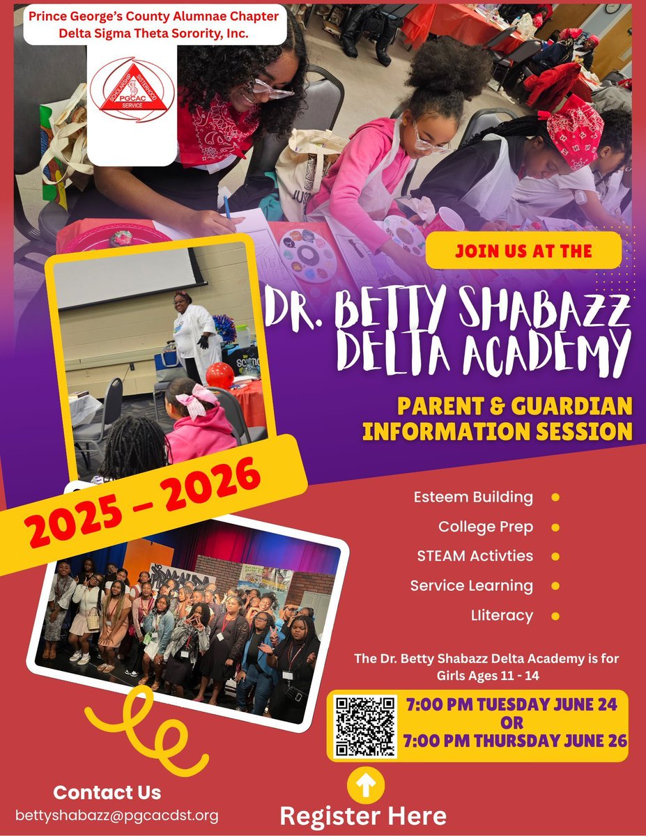 ✨ Calling All Parents of Middle School Girls! ✨
Join us for the Dr. Betty Shabazz Delta Academy Information Session on 6/24 or 6/28.
Register here:  buff.ly/rg9CSwn

🔗 Learn more and get your questions answered!
💥 Applications open July 1st!

#DeltaAcademy #PGCACDST
