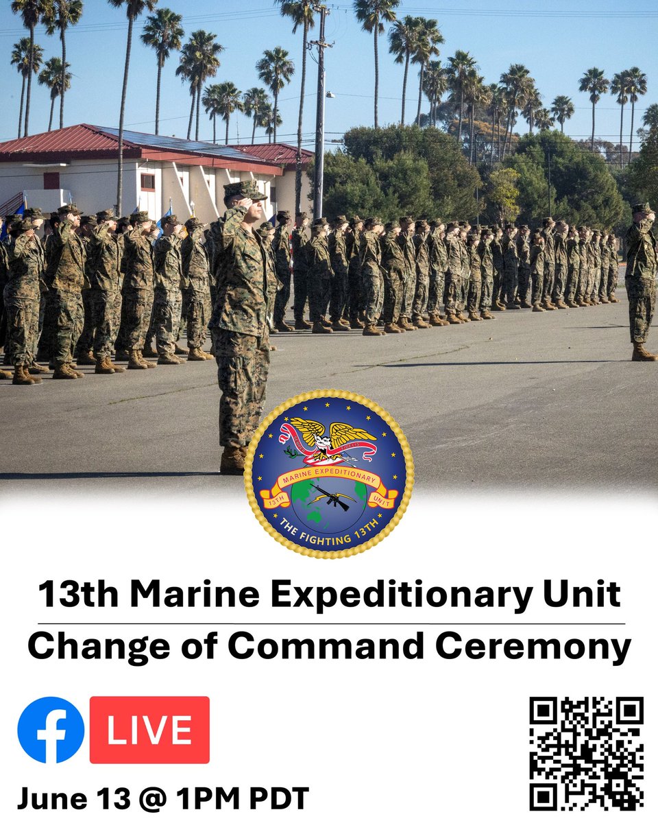 Tomorrow at 1:00 p.m. we will be live streaming the 13th Marine Expeditionary Unit Change of Command Ceremony, where Col. Stuart W. Glenn will relinquish command to Col. Richard Alvarez.

Make sure to tune in by clicking on the link below!

facebook.com/13thMEUView