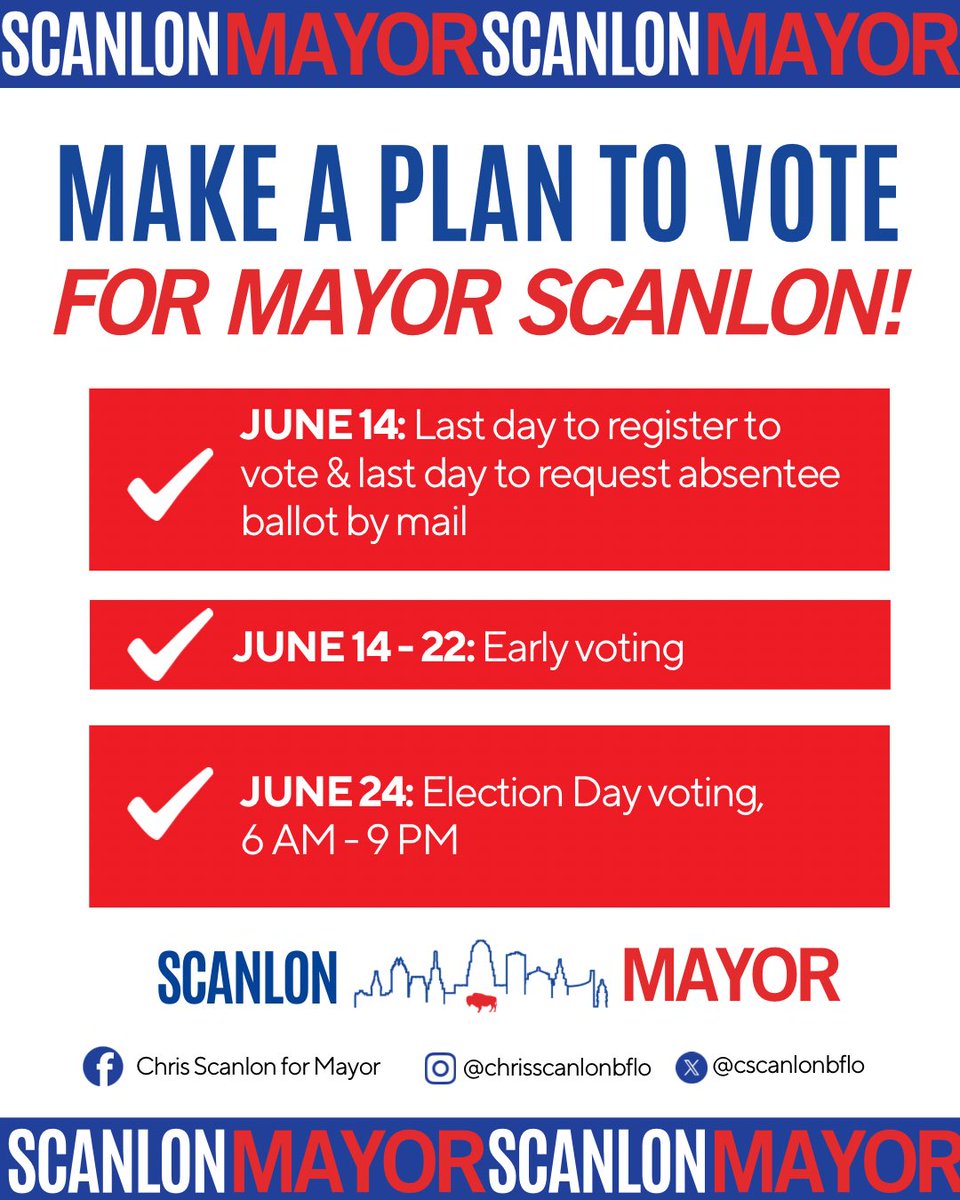 📢 MAKE A PLAN TO VOTE FOR MAYOR SCANLON! 🗳️

✔️ JUNE 14: Last day to register to vote &amp; request an absentee ballot by mail
✔️ JUNE 14–22: Early voting
✔️ JUNE 24: Election Day voting from 6 AM to 9 PM

The best Democrat for Buffalo Mayor! Vote SCANLON FOR MAYOR!