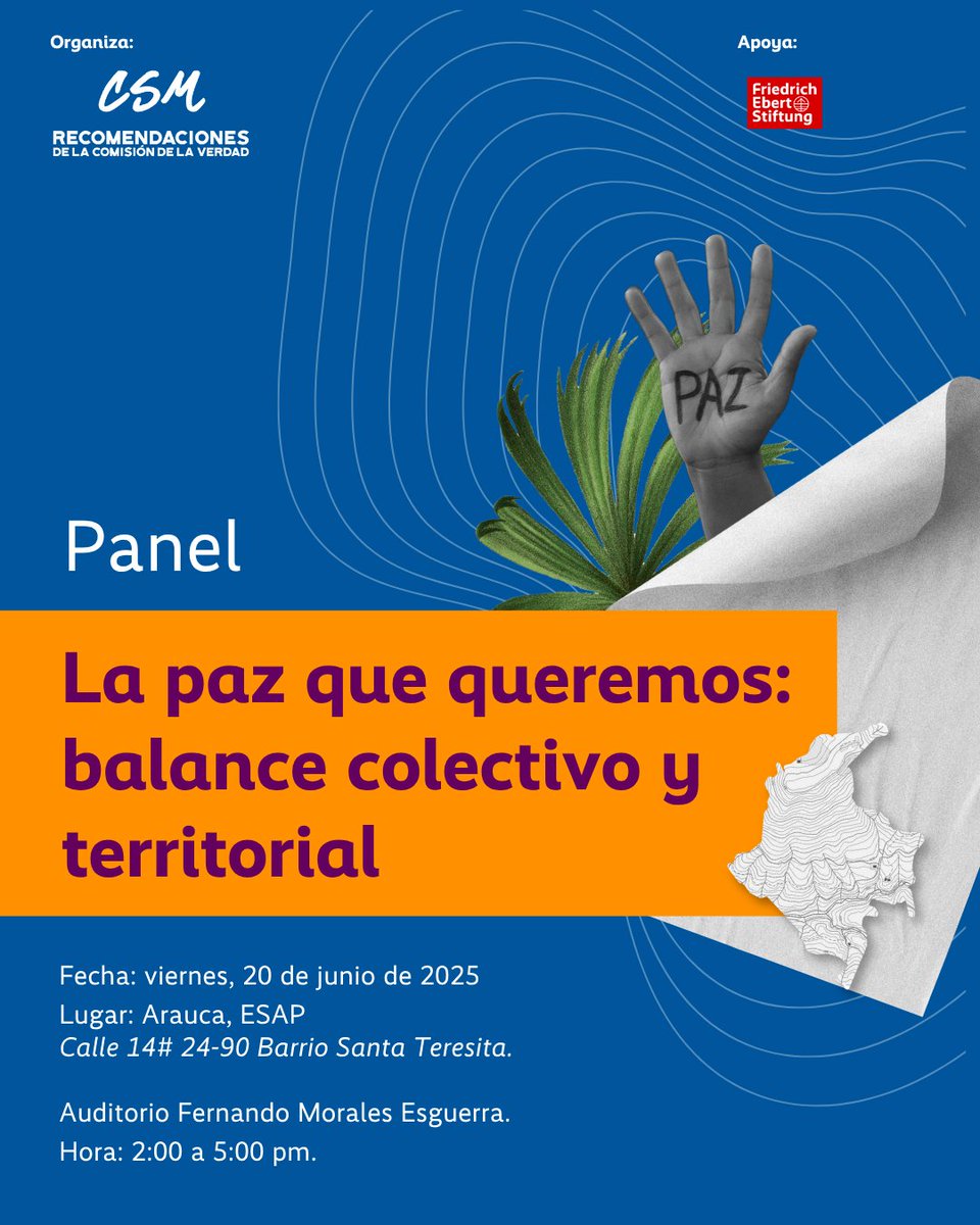 🗓️El 20 de junio en Arauca dialogaremos sobre el III Informe de Seguimiento y Monitoreo y los desafíos en la implementación de las recomendaciones de la Comisión de la Verdad. Acompáñanos en el panel "La Paz que Queremos: Balance Colectivo y Territorial"🕊️ 
Lugar: ESAP
Hora: 2 pm