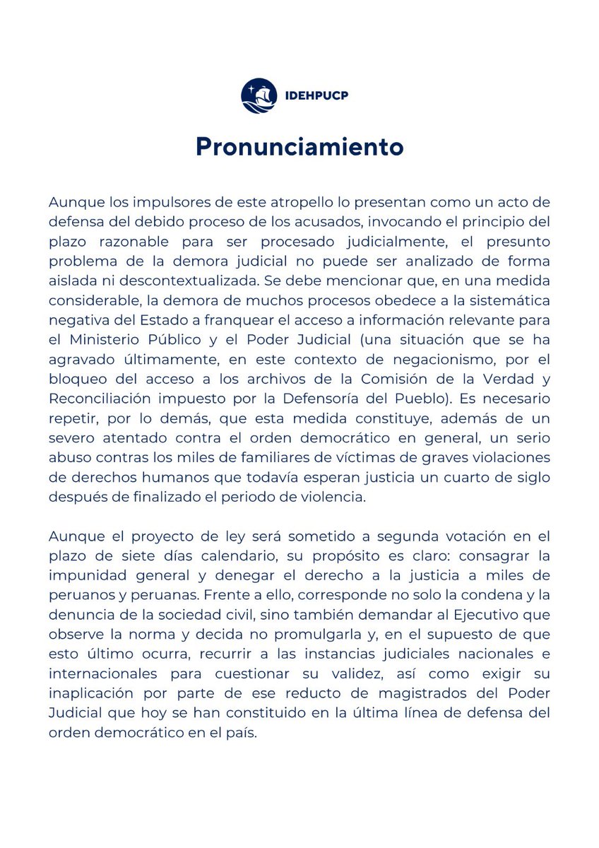📢 #Pronunciamiento 
🚨El IDEHPUCP rechaza la aprobación del dictamen que promueve la #amnistía y la impunidad para policías, militares y paramilitares y expresa lo siguiente: