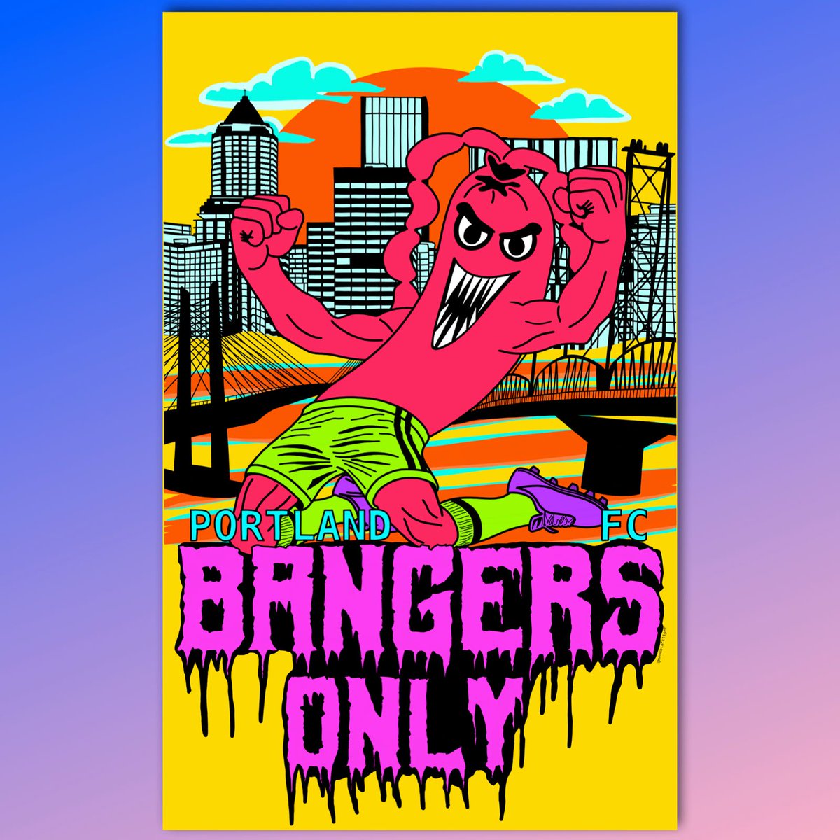 NeonBlackTiger's tweet image. Excited to finally share my artist series poster design for the upcoming Portland Bangers FC vs West Seattle Junction match on June 14th at UO Portland Stadium. This commemorative poster is only available during this match so BE THERE!!! Grab your tickets today and come hang out.