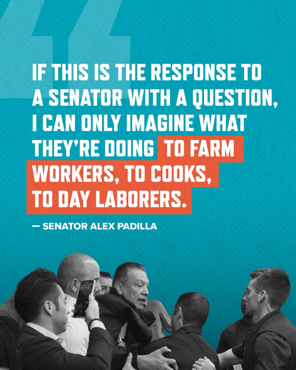 From <a href="/AlexPadilla4CA/">Alex Padilla</a>: “If this is the response to a senator with a question, I can only IMAGINE what they’re doing to farm workers, to cooks, to day laborers.”

We stand united to protect ALL workers and defend our right to speak out!