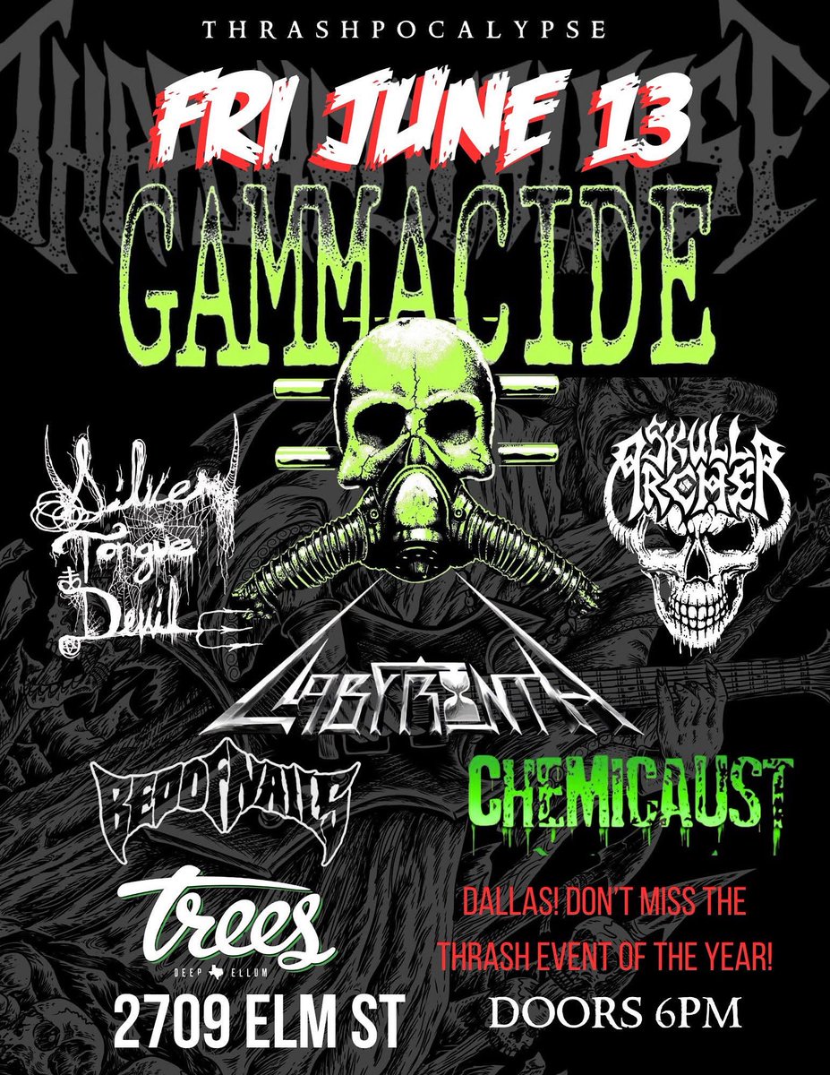 Tomorrow night at Trees in Deep Ellum. $25 door/1st band starts at 6:30p
<a href="/TheOneTrueDevil/">Silvertonguedevil</a>