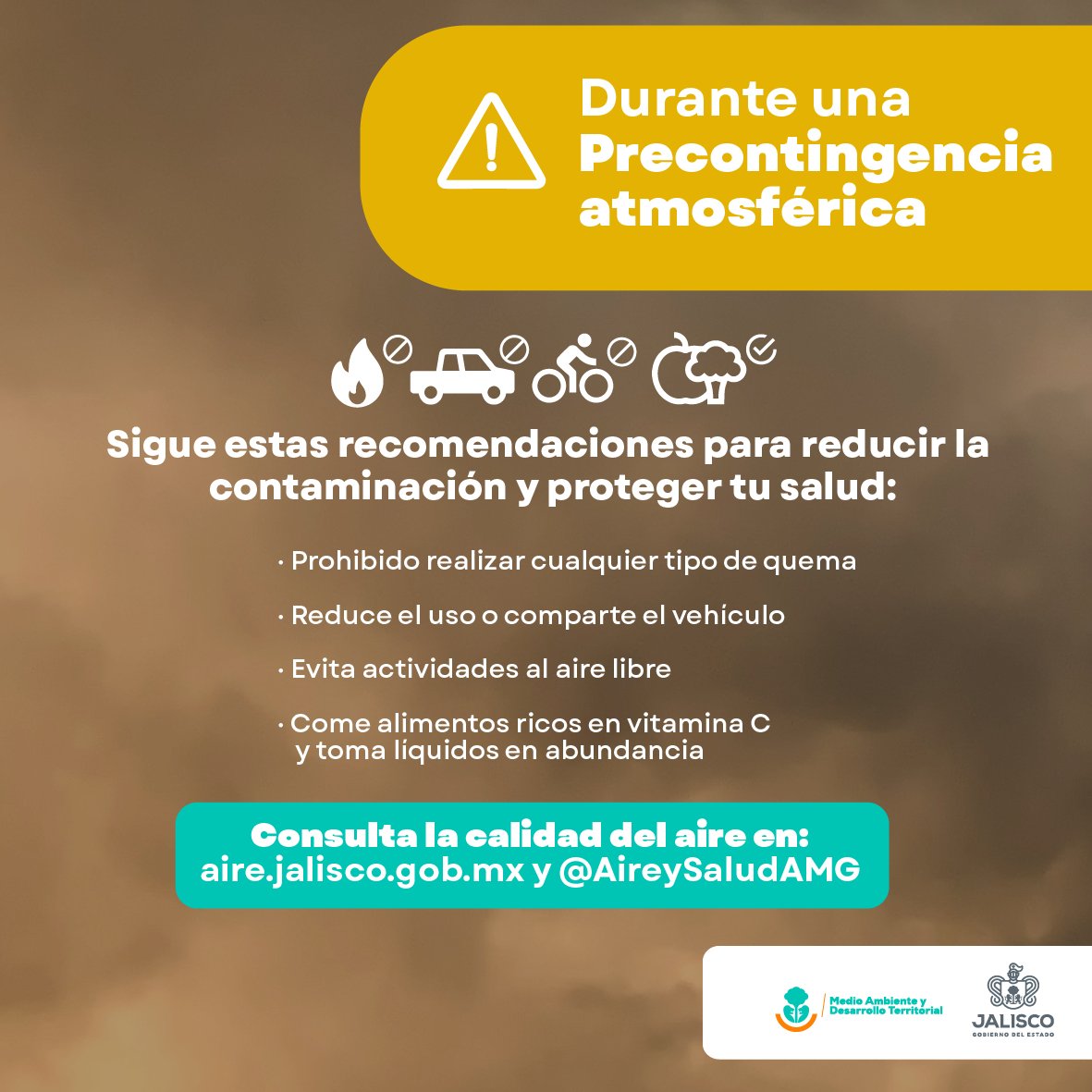 SEMADET informa: 
A las 17:00 horas se #Activa #Precontingencia en #Guadalajara y #Zapopan por #Ozono debido a la estación #Country con 118 puntos

Cuida tu salud 🚳 y mantente informada e informado