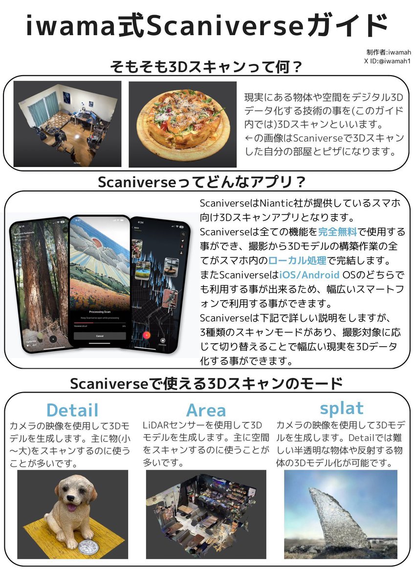 iwamah1's tweet image. スマホ3Dスキャンを始める上での最低限これ知っておくと良きな情報をまとめたiwama式scaniverseガイドパンフレット
ここ最近色々な方に配布しているけど皆も是非使ってください！