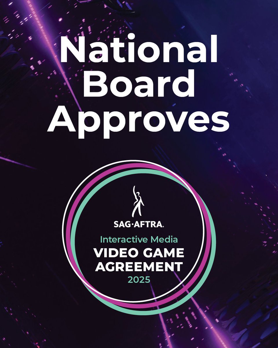 sagaftranews's tweet image. The SAG-AFTRA National Board met today to review the tentative Interactive Media Agreement and has voted to approve the contract. Members will receive referendum materials and have the opportunity to vote on whether to ratify the contract. Read more: ow.ly/jhzr50W8KaE