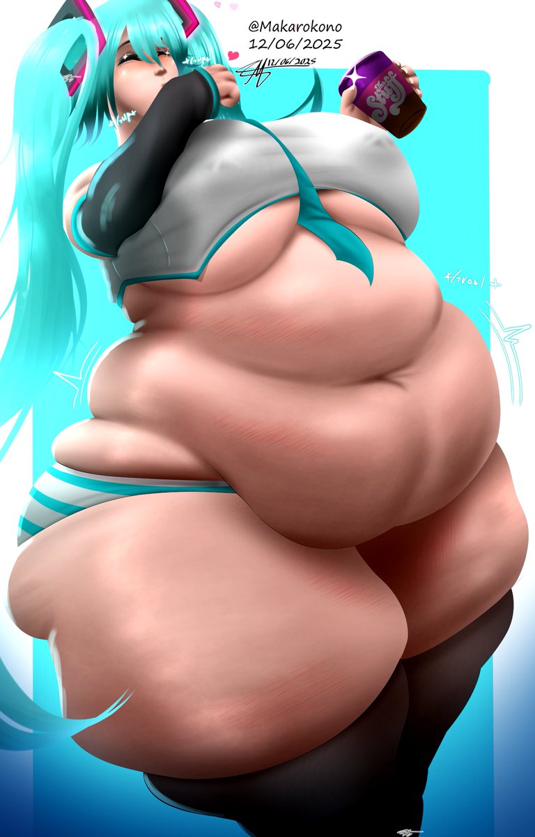 Chubby Miku.
"Miku found her new favorite dessert...warning: it's dangerously addictive"