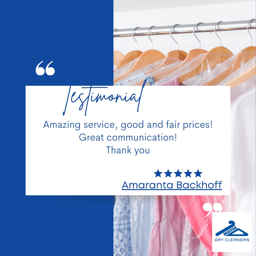MasterDrycleans's tweet photo. "Amazing service, good and fair prices! Great communication! Thank you"

Reviewed by Amaranta Backhoff, ★★★★★. 

Call 1300 885 245 or visit in-store or online: https://t.co/ww7eio4LD6

#masterdrycleaners #savetime #drycleaning https://t.co/D2hwZHiPZL