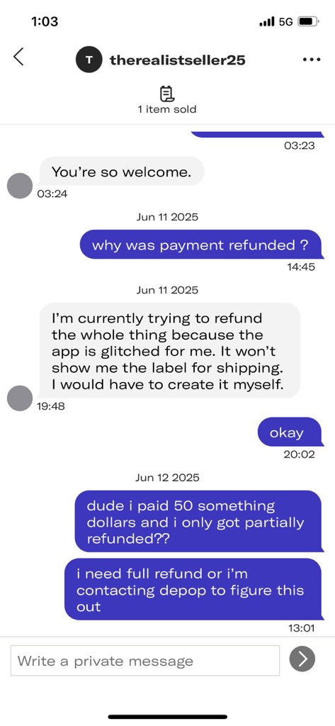 wocknine's tweet photo. BEWARE of this depop scam, scammers will list an item, someone will buy it and then the scammer would cancel it the same day and only partially refund you. https://t.co/Gucl0aDqj0